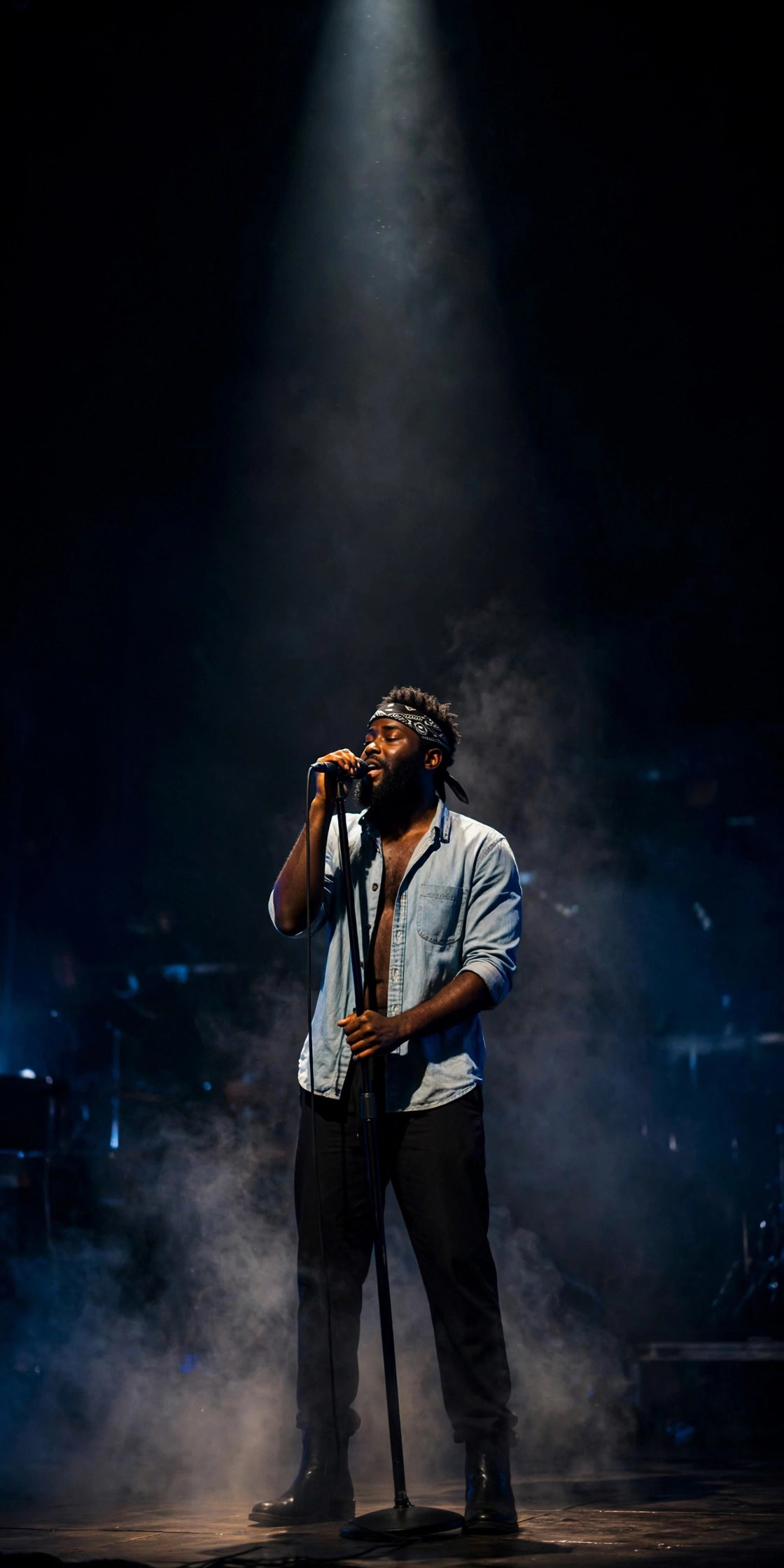Kojoe Fante performing on a dark stage beneath a single beam of light